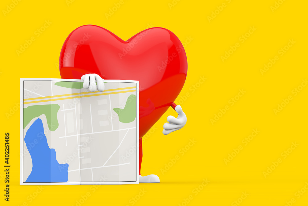Aufkleber red heart character mascot with abstract city plan map. 3d rendering