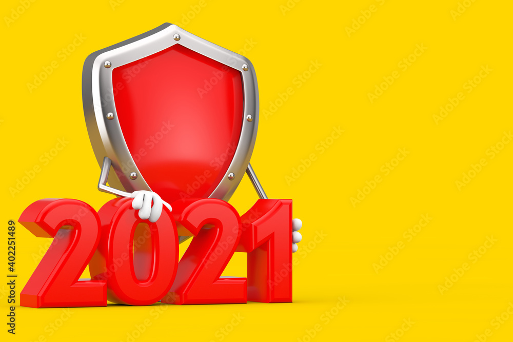 Poster red metal protection shield character mascot with 2021 new year sign. 3d rendering