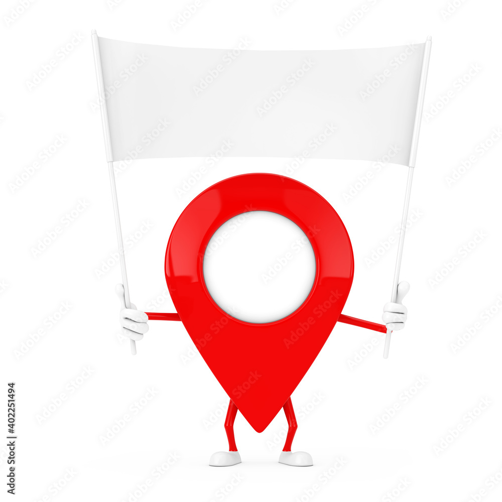 Poster map pointer pin character mascot and empty white blank banner with free space for your design. 3d re