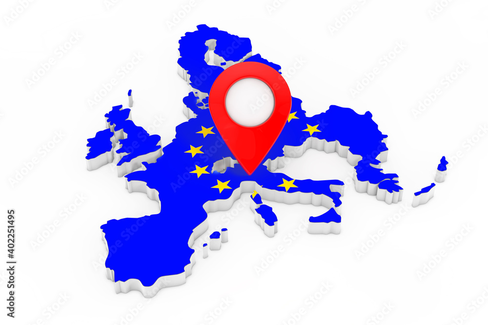 Poster map pointer pin over map with european union flag. 3d rendering