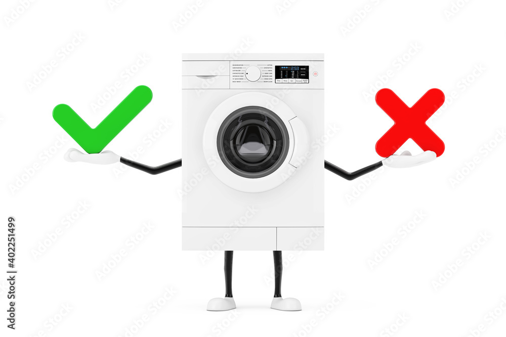 Aufkleber modern white washing machine character mascot with red cross and green check mark, confirm or deny, 