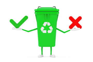 Recycle Sign Green Garbage Trash Bin Character Mascot with Red Cross and Green Check Mark, Confirm or Deny, Yes or No Icon Sign. 3d Rendering