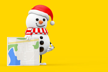 Snowman in Santa Claus Hat Character Mascot with Abstract City Plan Map. 3d Rendering