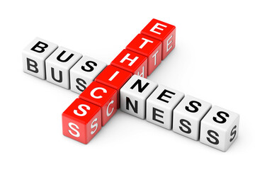 Business Ethics Sign as Crossword Cube Blocks. 3d Rendering