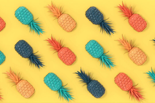 Multicolour Fresh Ripe Tropical Healthy Nutrition Pineapple Fruits Background Texture. 3d Rendering