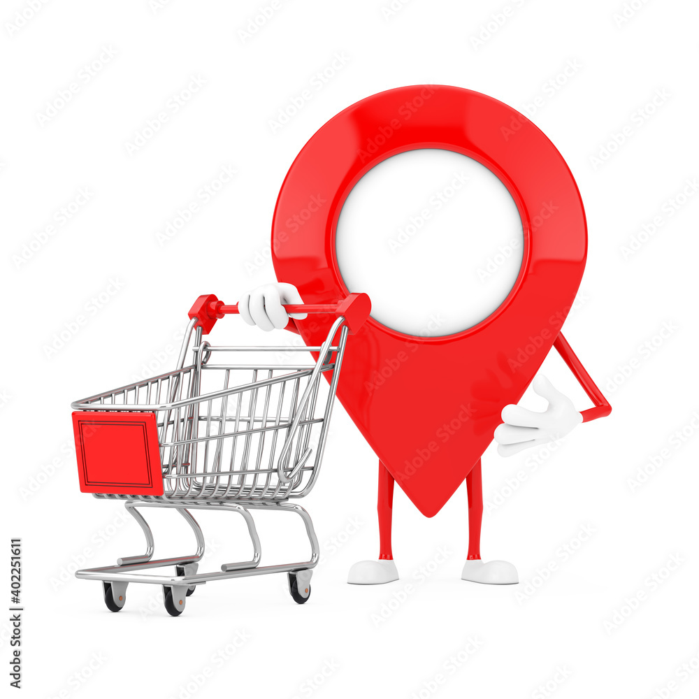 Poster map pointer pin character mascot with shopping cart trolley. 3d rendering