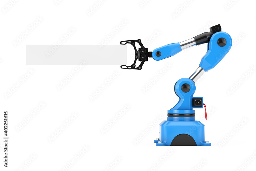 Poster industrial mechanical robotic hand arm manipulator and white banner with free space for your design.