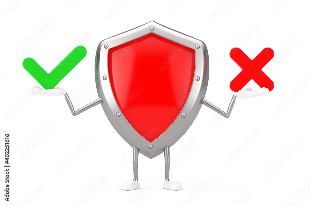 Aufkleber red metal protection shield character mascot with red cross and green check mark, confirm or deny, y