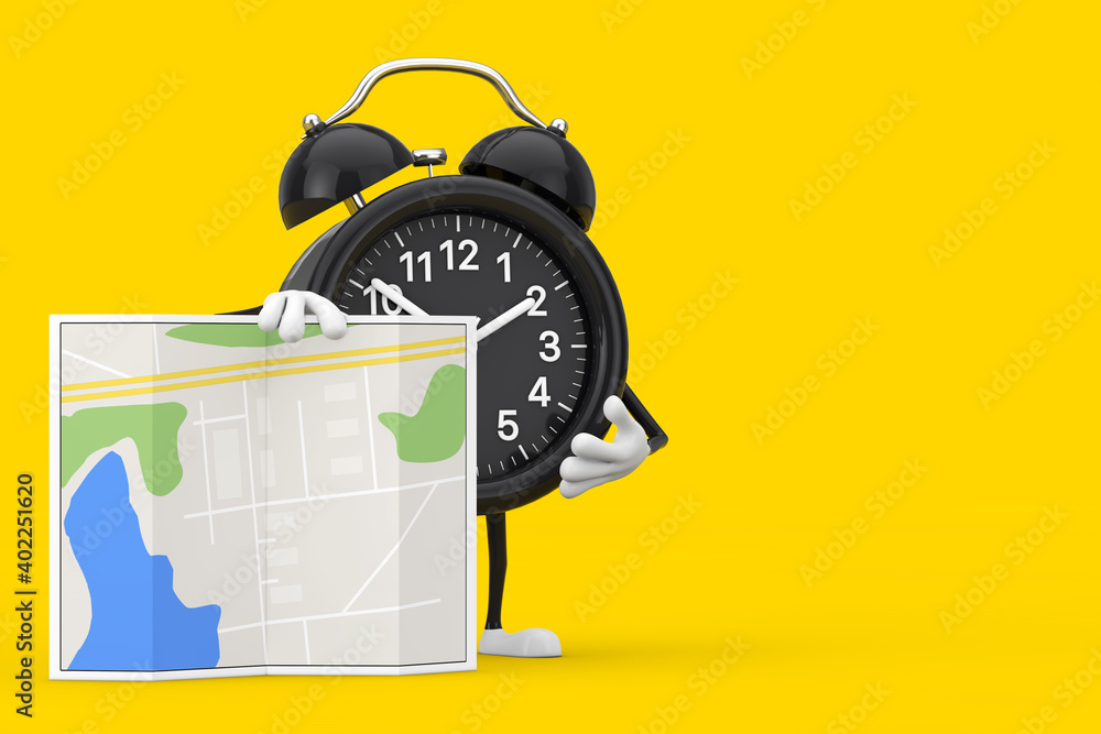 Poster alarm clock character mascot with abstract city plan map. 3d rendering