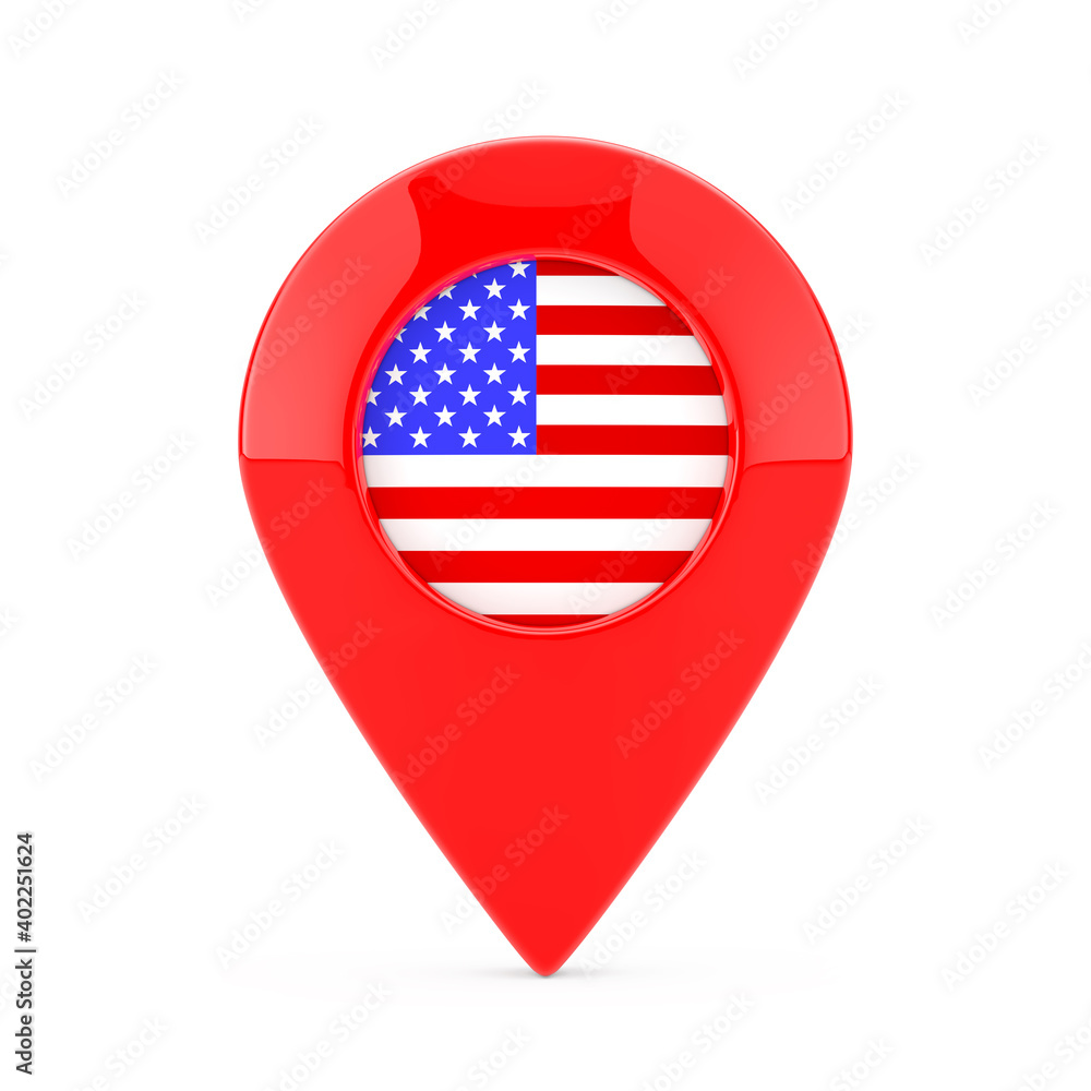Aufkleber map pointer pin with united states of america flag. 3d rendering