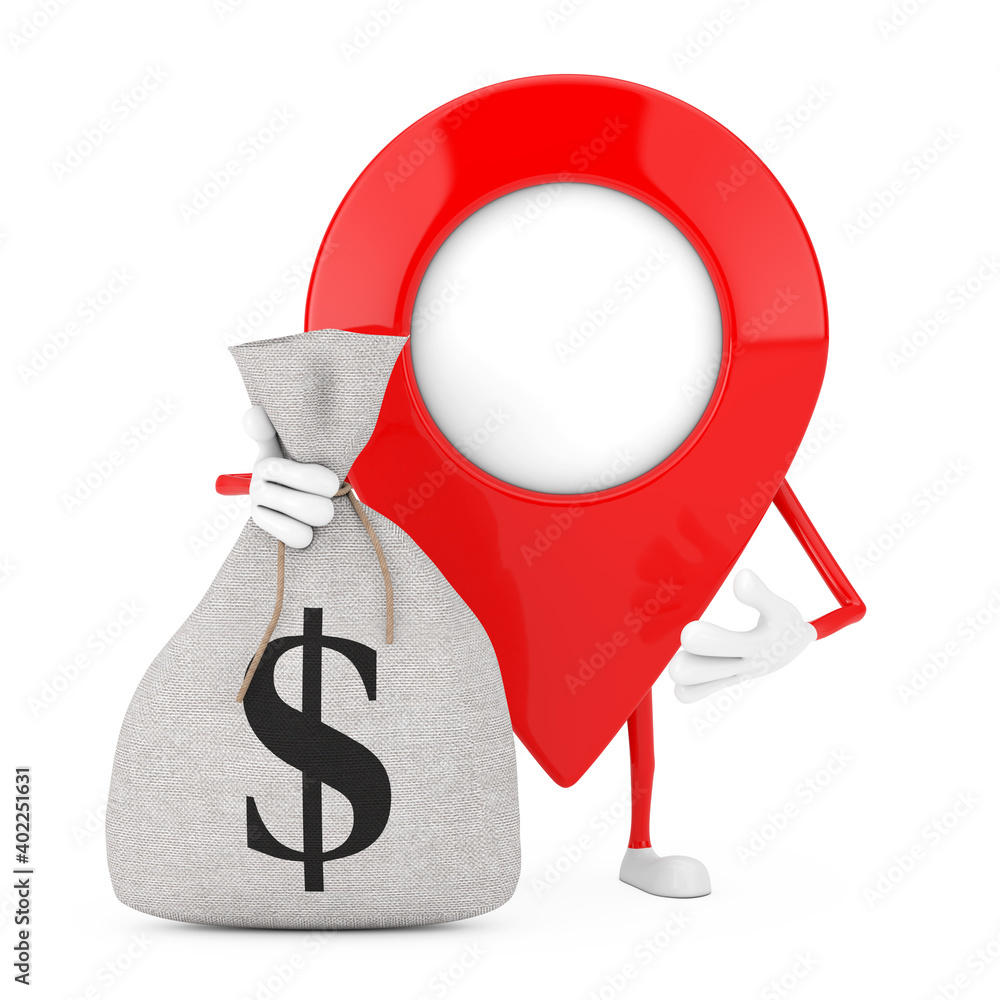 Poster map pointer pin character mascot with tied rustic canvas linen money sack or money bag with dollar s