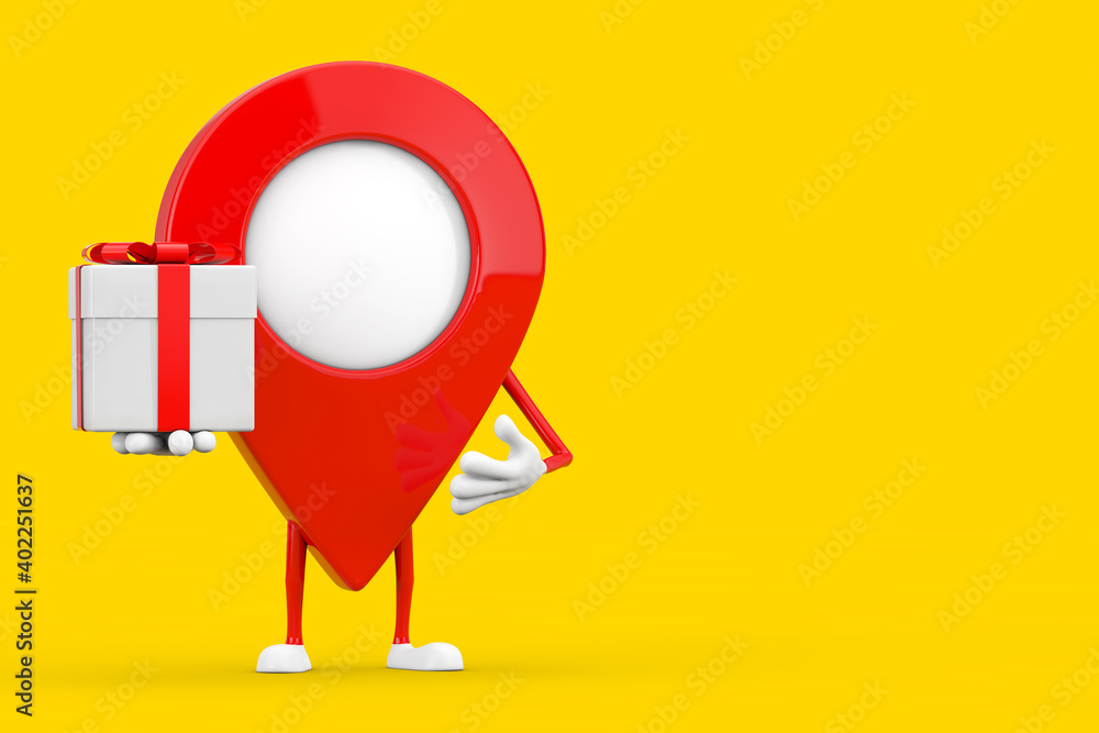 Poster map pointer pin character mascot with gift box and red ribbon. 3d rendering