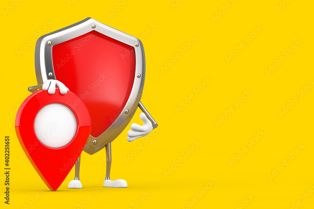 Poster red metal protection shield character mascot with red map pointer target pin. 3d rendering