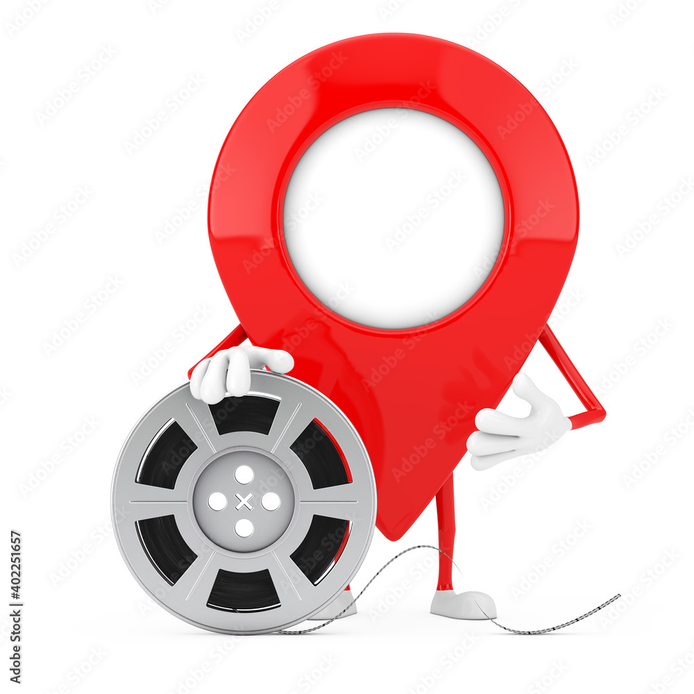 Poster map pointer pin character mascot with film reel cinema tape. 3d rendering