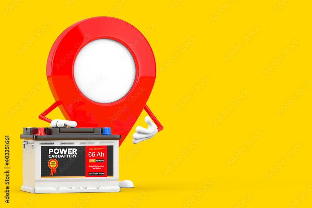 Poster map pointer pin character mascot and rechargeable car battery 12v accumulator with abstract label. 3