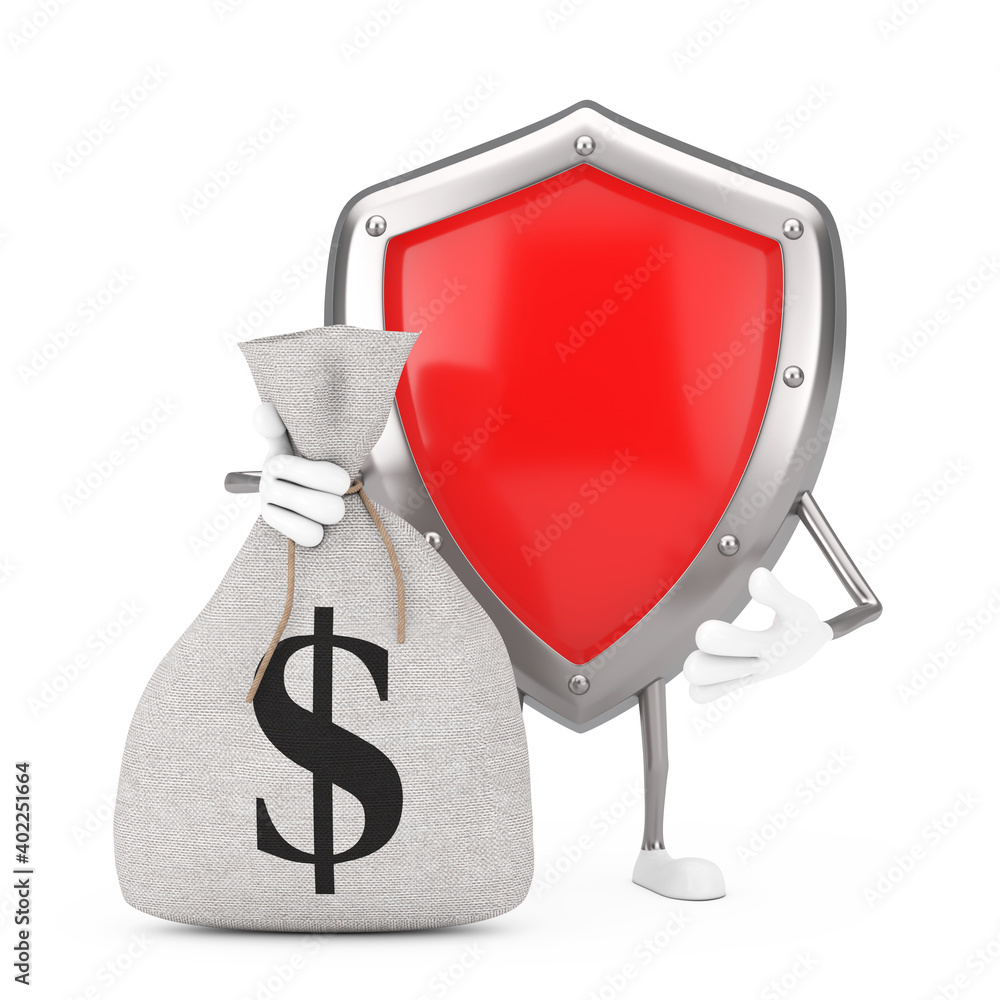 Poster red metal protection shield character mascot and tied rustic canvas linen money sack or money bag wi