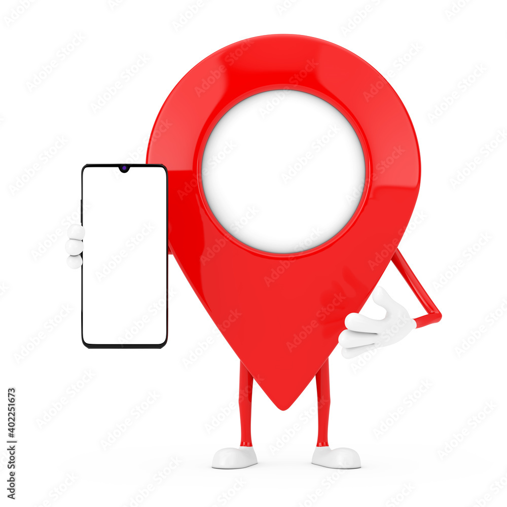 Poster map pointer pin character mascot and modern mobile phone with blank screen for your design. 3d rende
