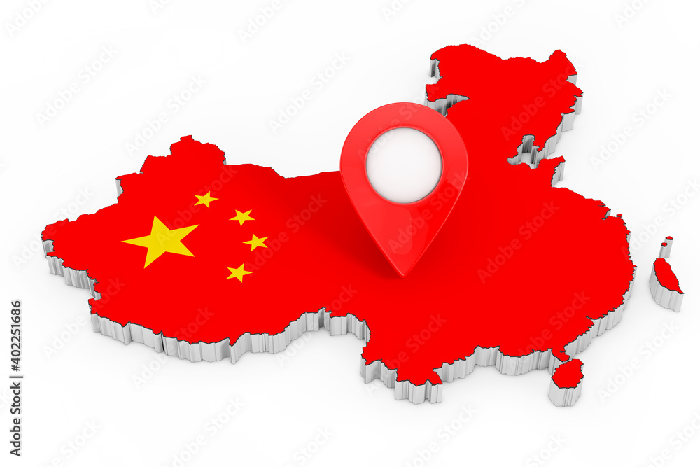 Poster map pointer pin over china map with flag. 3d rendering