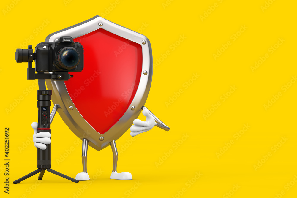 Aufkleber Red Metal Protection Shield Character Mascot with DSLR or Video Camera Gimbal Stabilization Tripod System. 3d Rendering
