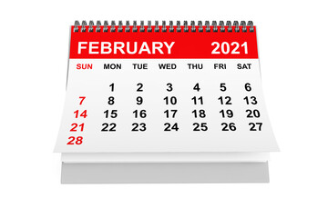 2021 Year February Calendar. 3d rendering