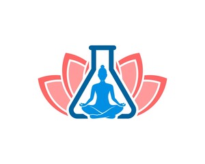 Bottle laboratory with women yoga and lotus flower