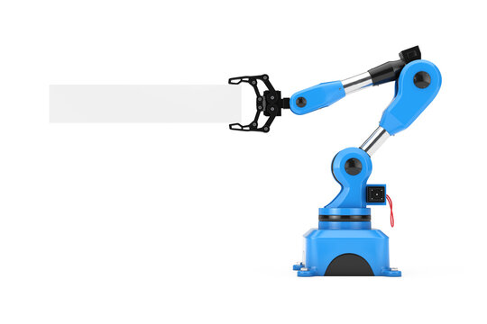 Industrial Mechanical Robotic Hand Arm Manipulator and White Banner with Free Space for Your Design. 3d Rendering