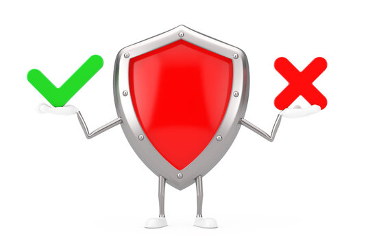Red Metal Protection Shield Character Mascot with Red Cross and Green Check Mark, Confirm or Deny, Yes or No Icon Sign. 3d Rendering
