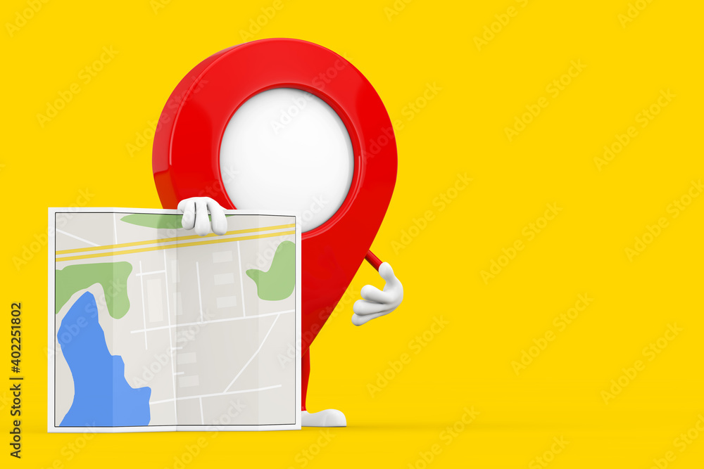 Poster map pointer pin character mascot with abstract plan map. 3d rendering