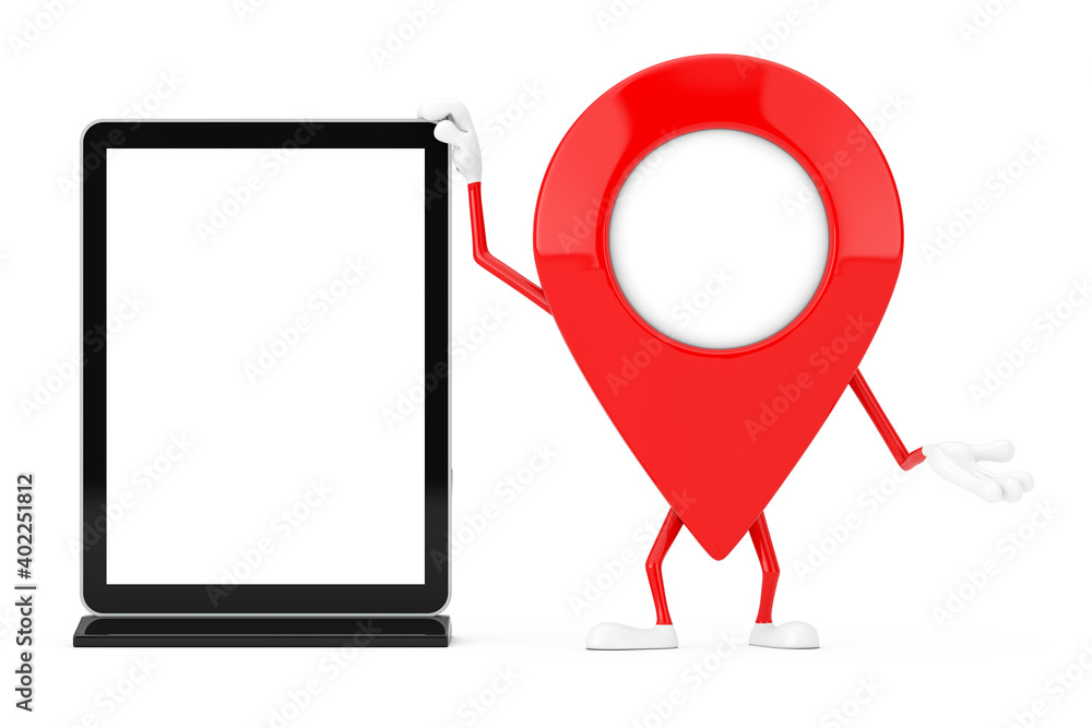 Leinwandbilder Red Map Pointer Target Pin Character Mascot with Blank Trade Show LCD Screen Display Stand as Template for Your Design. 3d Rendering