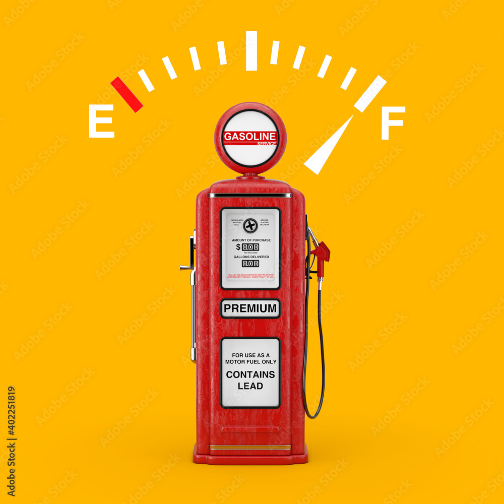 Poster fuel dashboard gauge sign showing a full tank with red retro gas pump station. 3d rendering