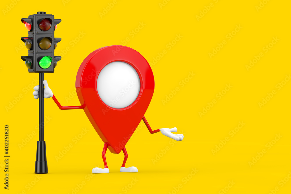 Leinwandbilder map pointer pin character mascot with traffic green light. 3d rendering