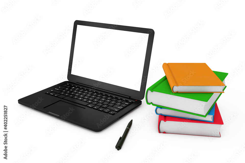 Poster pen and stack of books near modern laptop computer with blank screen for your design. 3d rendering
