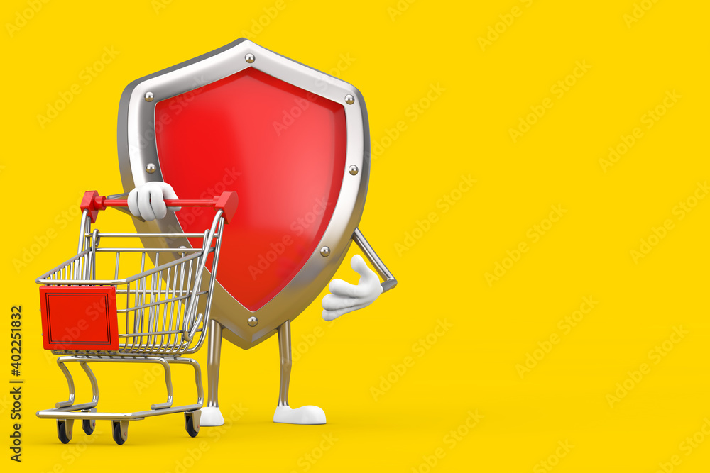 Poster red metal protection shield character mascot with shopping cart trolley. 3d rendering