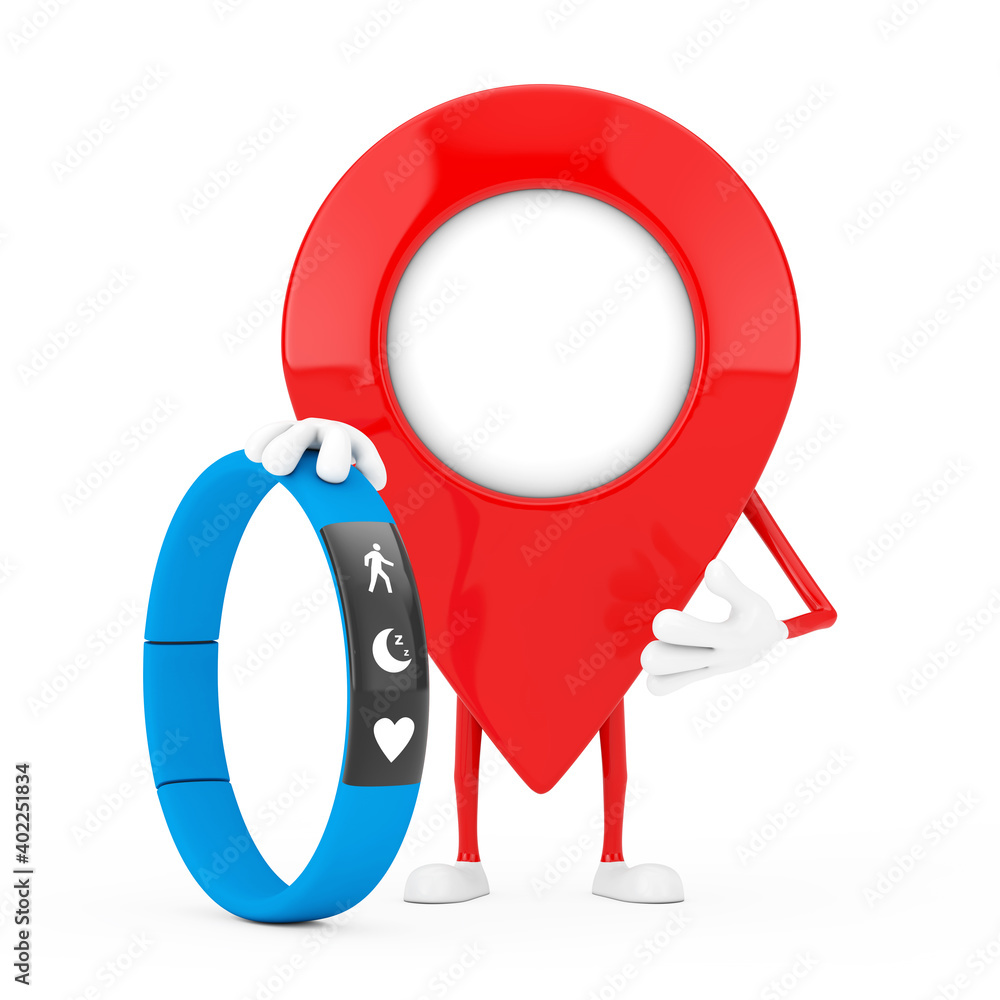 Poster Map Pointer Pin Character Mascot with Blue Fitness Tracker. 3d Rendering