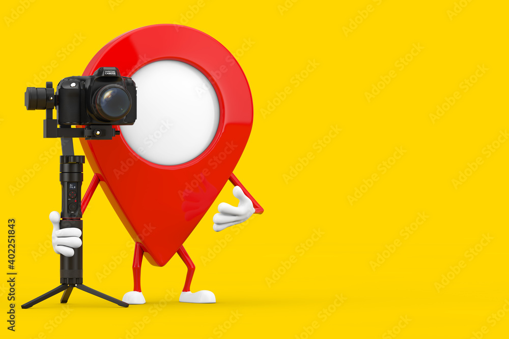 Fototapete Map Pointer Pin Character Mascot with DSLR or Video Camera Gimbal Stabilization Tripod System. 3d Rendering