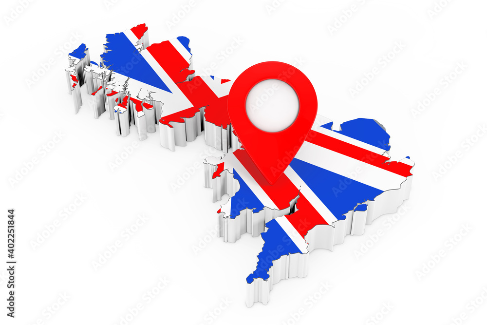 Poster red map pointer pin over united kingdom map with flag. 3d rendering