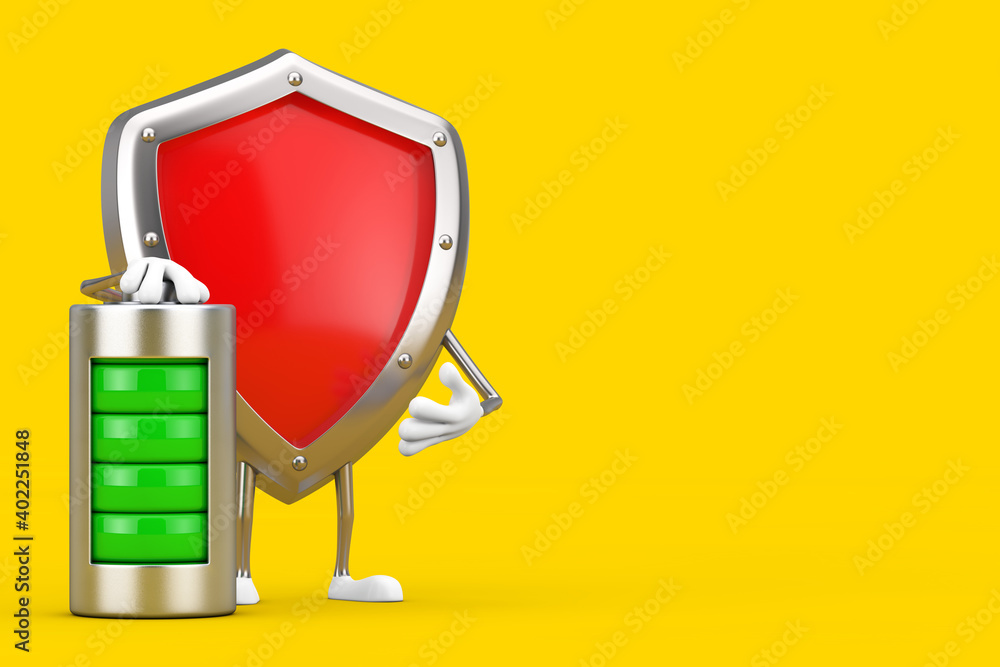 Aufkleber red metal protection shield character mascot with abstract charging battery. 3d rendering