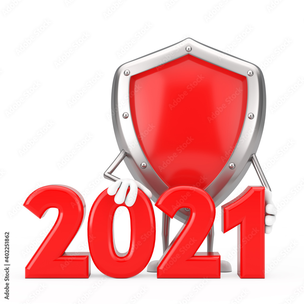 Aufkleber red metal protection shield character mascot with 2021 new year sign. 3d rendering