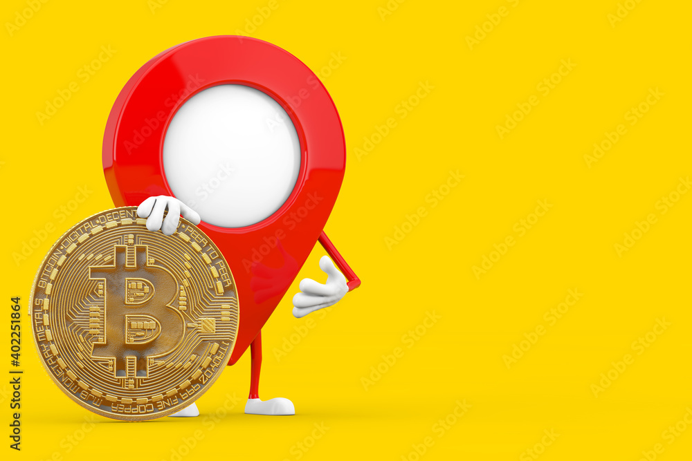 Aufkleber Map Pointer Pin Character Mascot with Digital and Cryptocurrency Golden Bitcoin Coin. 3d Rendering