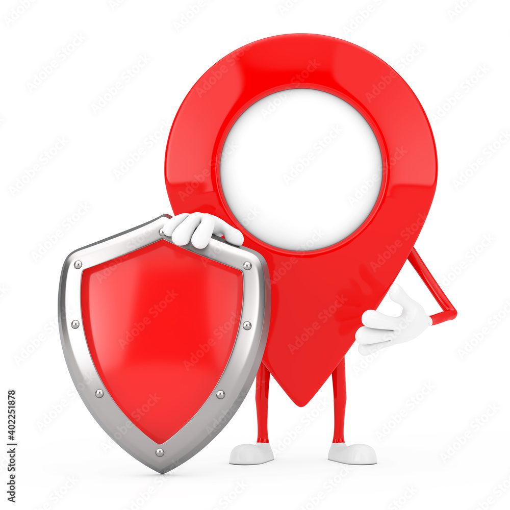 Poster red map pointer target pin character mascot with red metal protection shield. 3d rendering