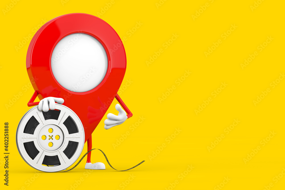 Poster Map Pointer Pin Character Mascot with Film Reel Cinema Tape. 3d Rendering