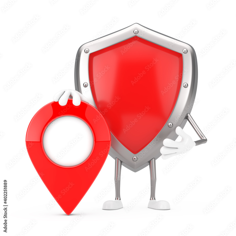Poster red metal protection shield character mascot with red map pointer target pin. 3d rendering