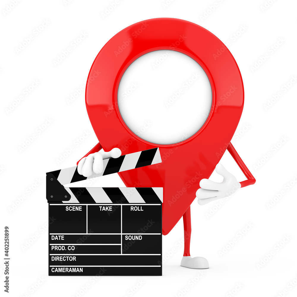 Poster Map Pointer Pin Character Mascot with Movie Clapper Board. 3d Rendering