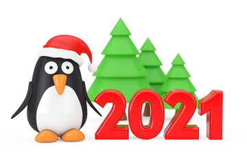 Green Trees and Cartoon Penguin Character with Santa Hat near 2021 New Year Sign. 3d Rendering