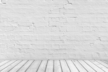 Empty Room with White Brick Grunge  Wall and Plank Wooden Floor. 3d Rendering