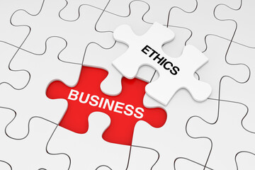 One Piece of White Jigsaw Puzzle over Plain of White Puzzle with Business Ethics Sign. 3d Rendering