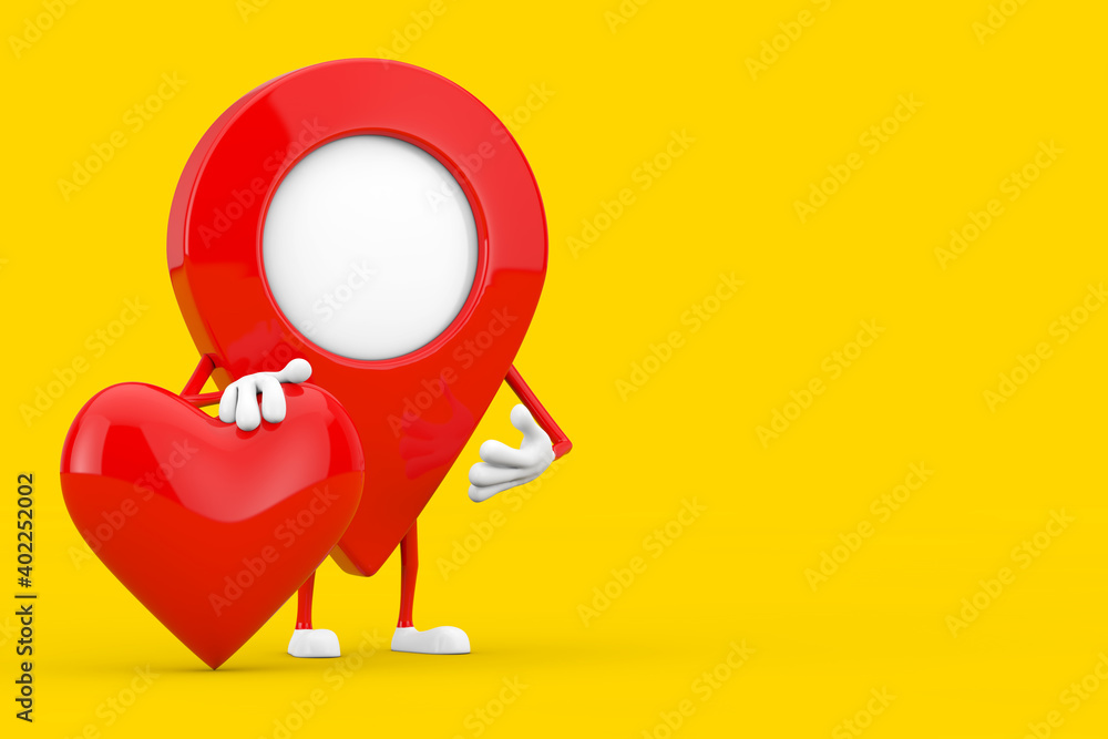 Poster map pointer pin character mascot with red heart. 3d rendering