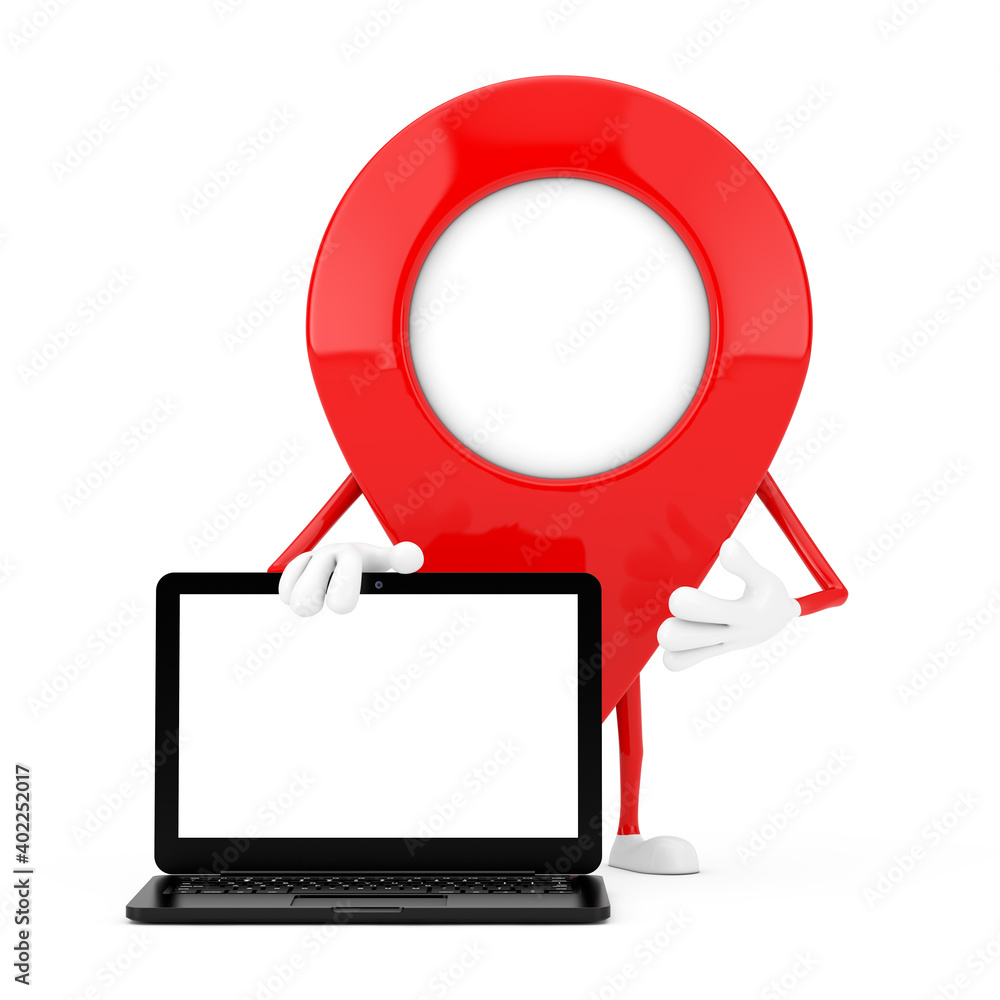 Poster map pointer pin character mascot with modern laptop computer notebook and blank screen for your desi