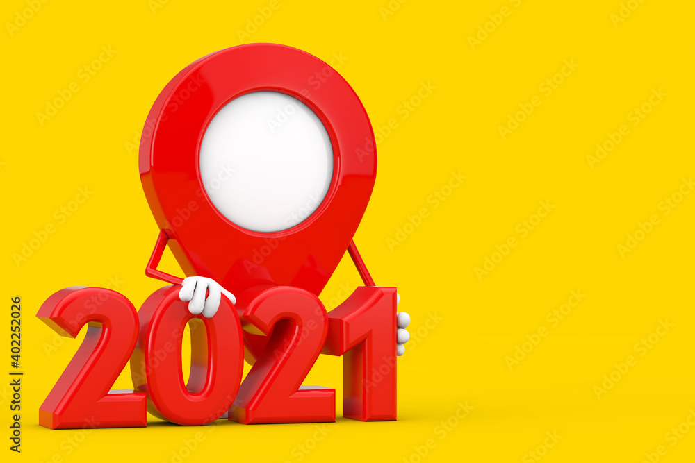 Poster map pointer pin character mascot with 2021 new year sign. 3d rendering