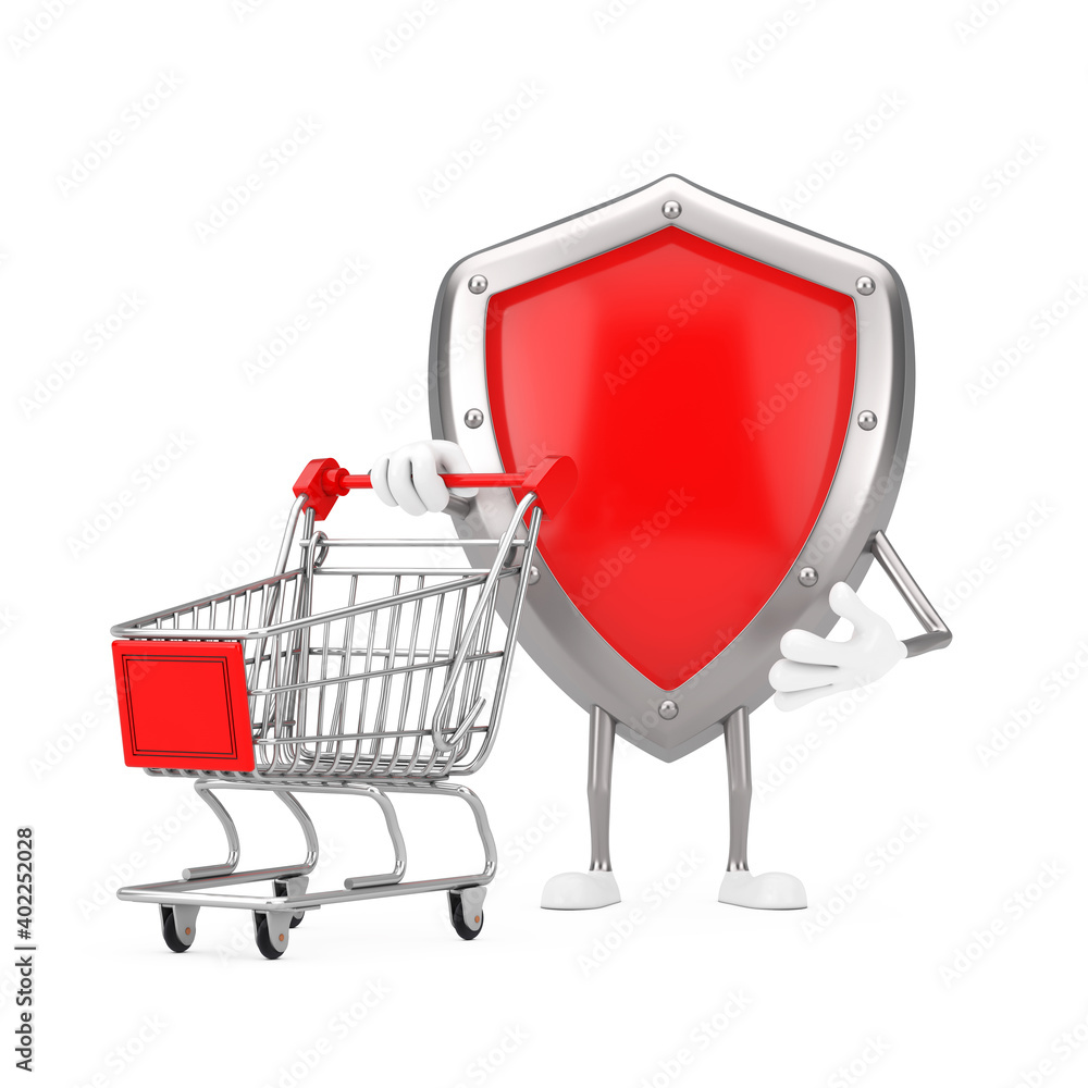 Poster red metal protection shield character mascot with shopping cart trolley. 3d rendering